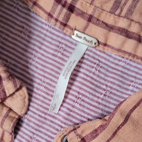 Free People 'No Limits' Peach Plaid Linen Shirt - Picture 2 of 6